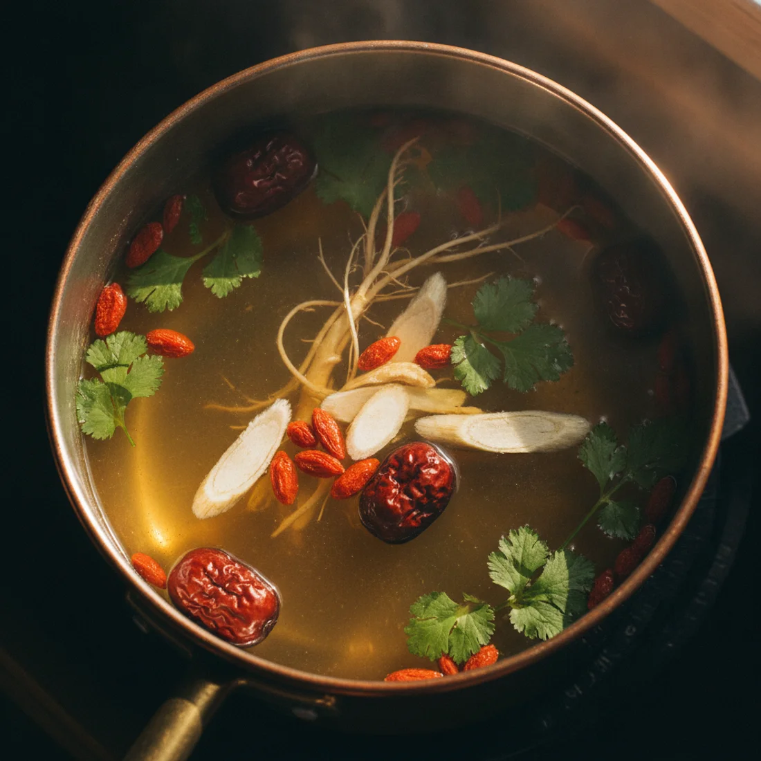 Nước dùng gà ác thuốc bắc đang ninh